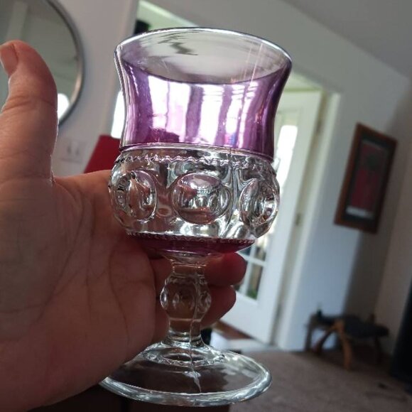 Set of 5 Five King's Crown Goblets Glasses 5.5" Cranberry Purple Thumbprint - Picture 2 of 4